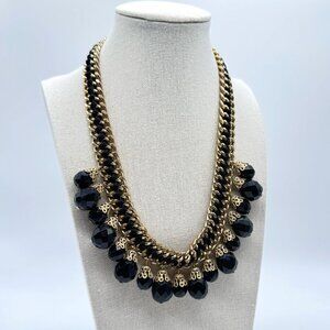 Statement Necklace Metal Gold Tone Chain Links and Black Lucite Beads